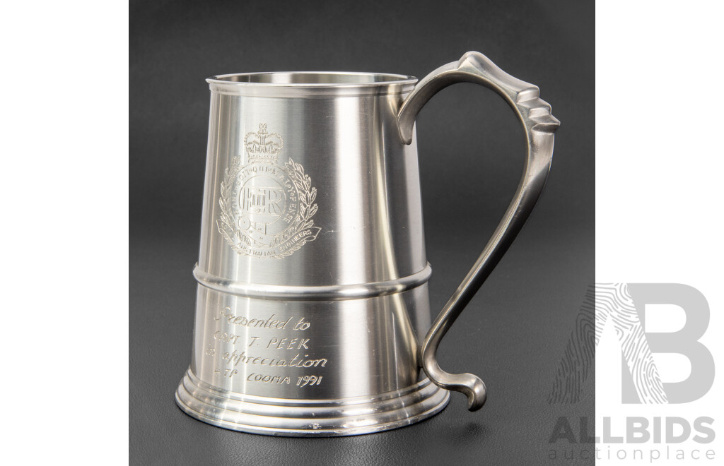 Collection of Five Vintage Engraved Military and Naval Pewter Tankards, Varied Sizes, 14H cm (largest) (5)