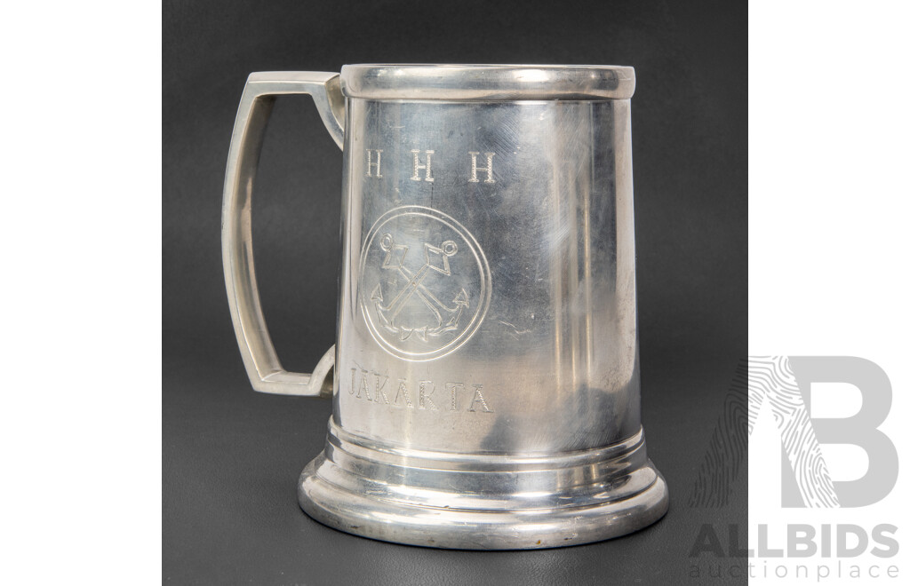 Collection of Five Vintage Engraved Military and Naval Pewter Tankards, Varied Sizes, 14H cm (largest) (5)