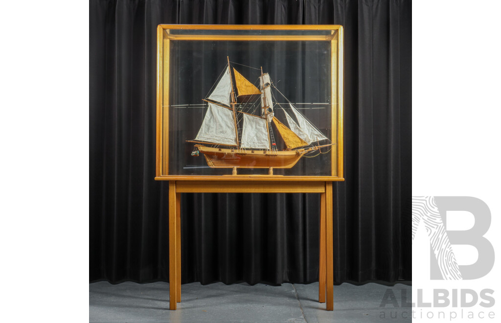Large Vintage Twin Mast Model Schooner in Glass Display Case on Stand