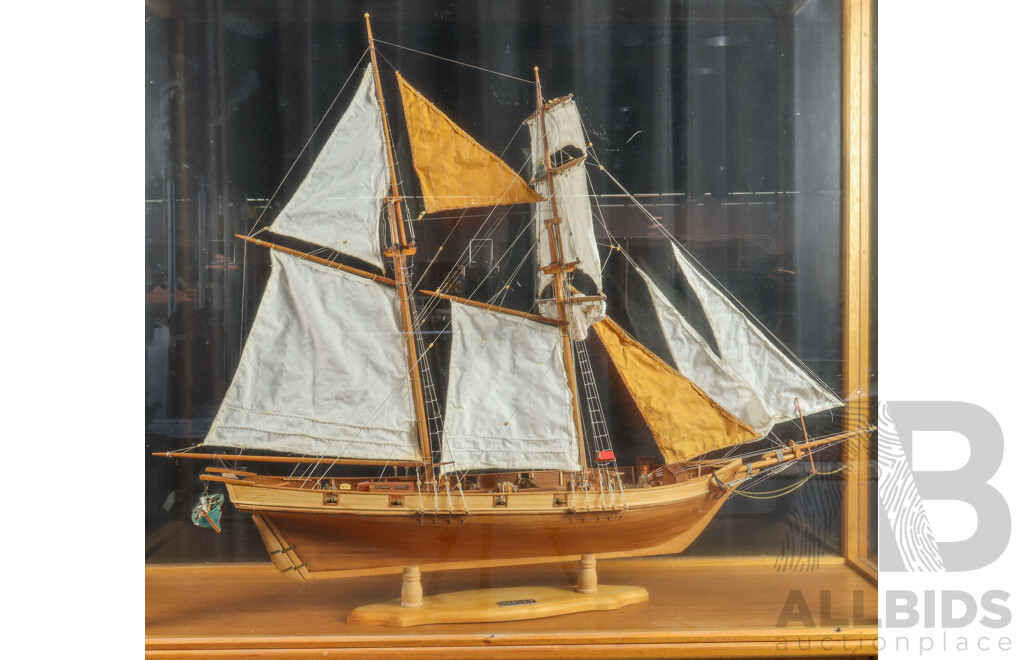 Large Vintage Twin Mast Model Schooner in Glass Display Case on Stand