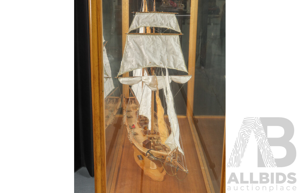 Large Vintage Twin Mast Model Schooner in Glass Display Case on Stand