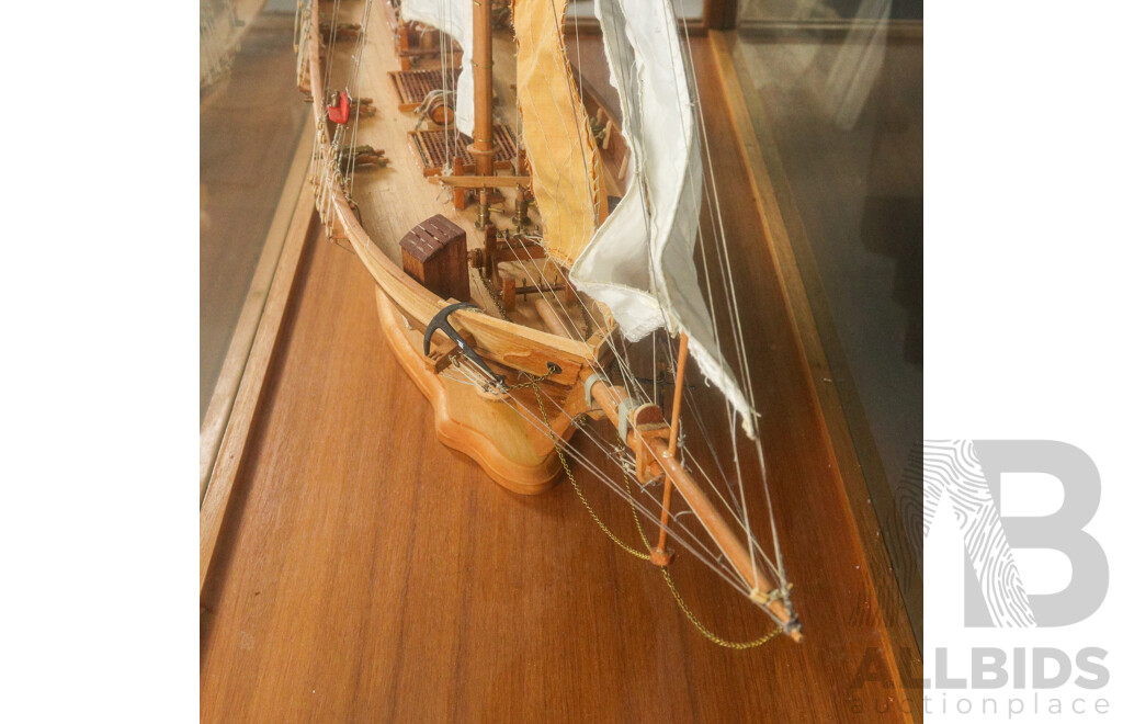 Large Vintage Twin Mast Model Schooner in Glass Display Case on Stand