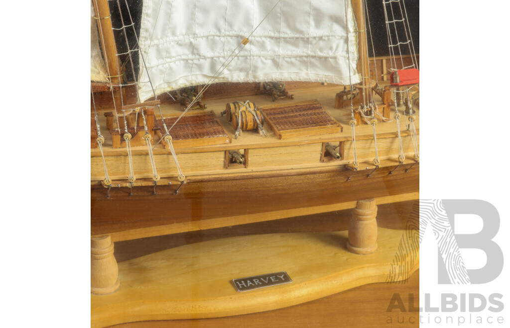 Large Vintage Twin Mast Model Schooner in Glass Display Case on Stand