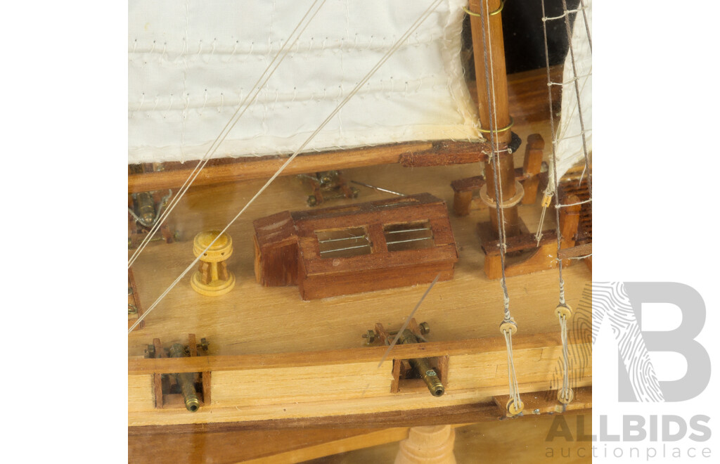 Large Vintage Twin Mast Model Schooner in Glass Display Case on Stand