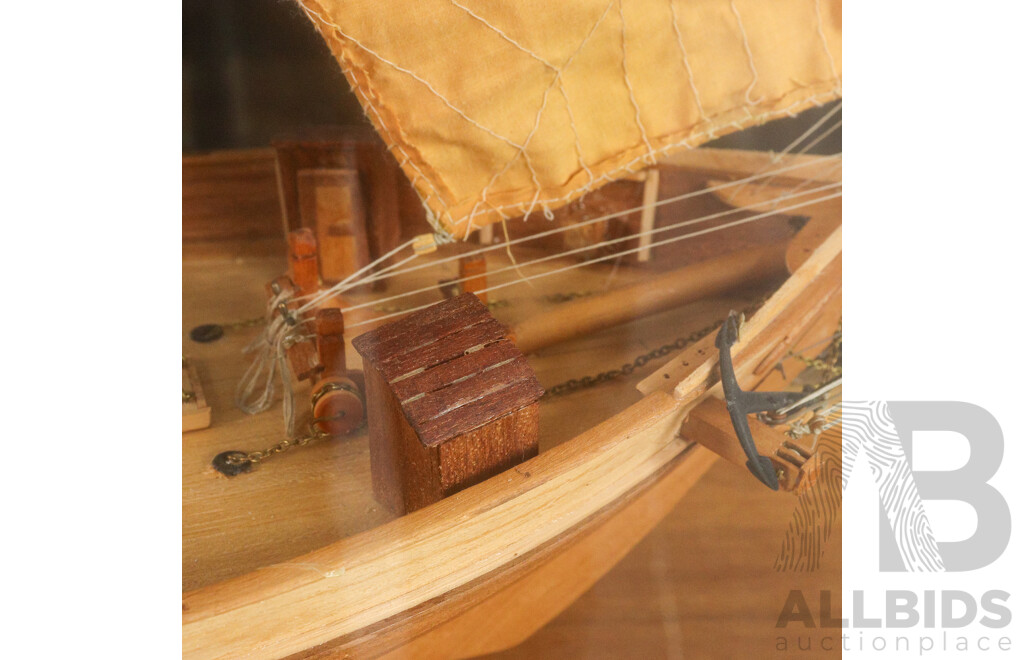 Large Vintage Twin Mast Model Schooner in Glass Display Case on Stand