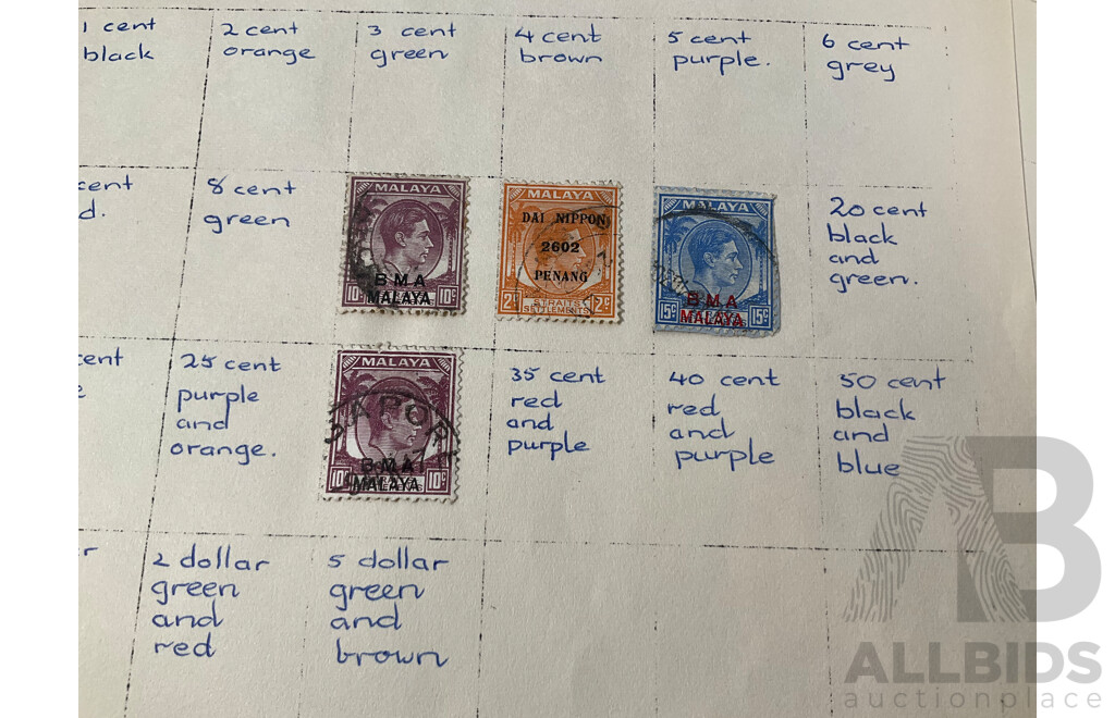Collection of Malaya and Indian/Indian States Stamps Spanning 1900 to 1960 Including 1942 WW2 Straits Settlements Japanese Occupation, BMA Overprints, KGV Special Adhesive Overprint, QV and More