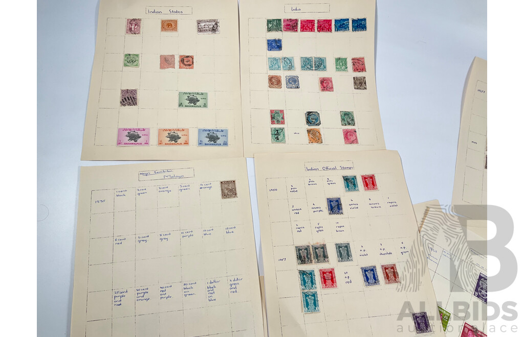 Collection of Malaya and Indian/Indian States Stamps Spanning 1900 to 1960 Including 1942 WW2 Straits Settlements Japanese Occupation, BMA Overprints, KGV Special Adhesive Overprint, QV and More