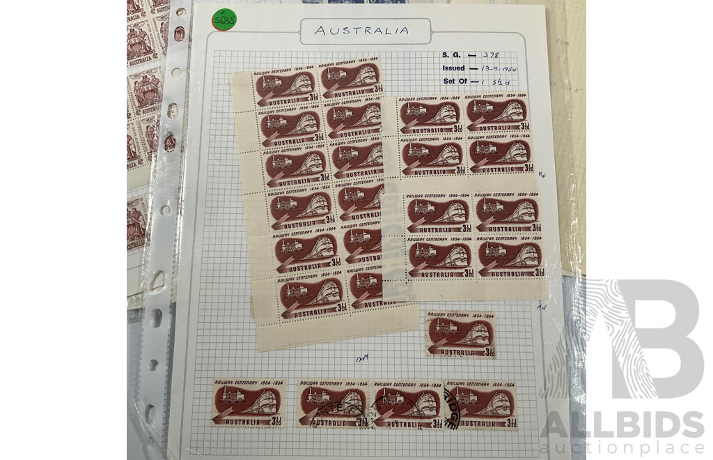 Good Assortment of Australian 1950's-1960's Predecimal Mostly Mint/Mint Hinged Stamp Blocks Including 1954 Railway Centenary, 1955 Royal Mail/Cobb & Co Centenary, 1958 Christmas Set, 1960 Melbourne Cup and More