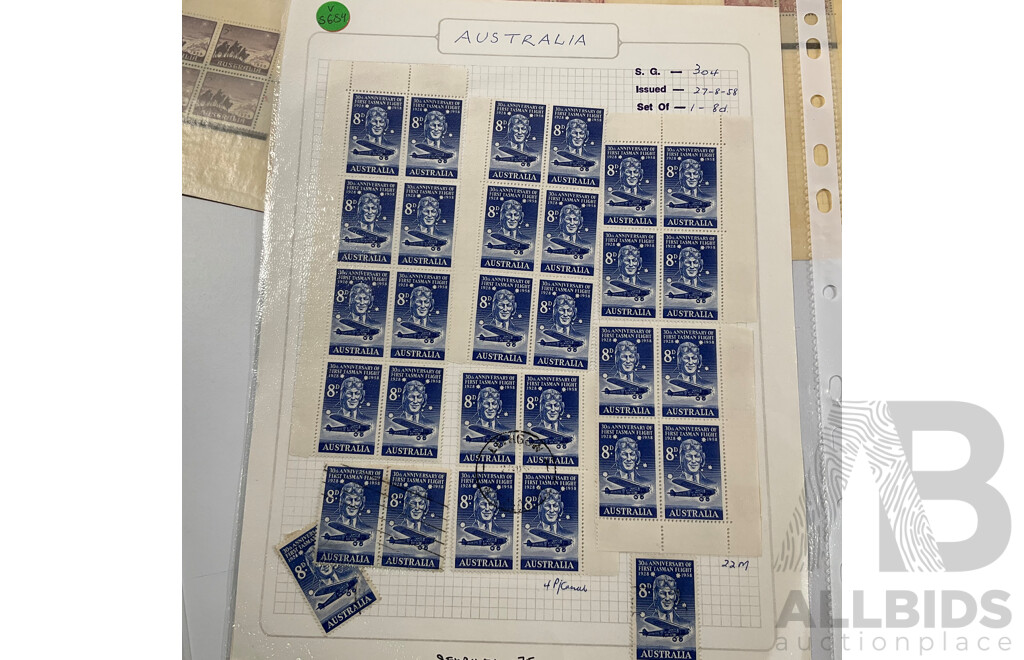 Good Assortment of Australian 1950's-1960's Predecimal Mostly Mint/Mint Hinged Stamp Blocks Including 1954 Railway Centenary, 1955 Royal Mail/Cobb & Co Centenary, 1958 Christmas Set, 1960 Melbourne Cup and More