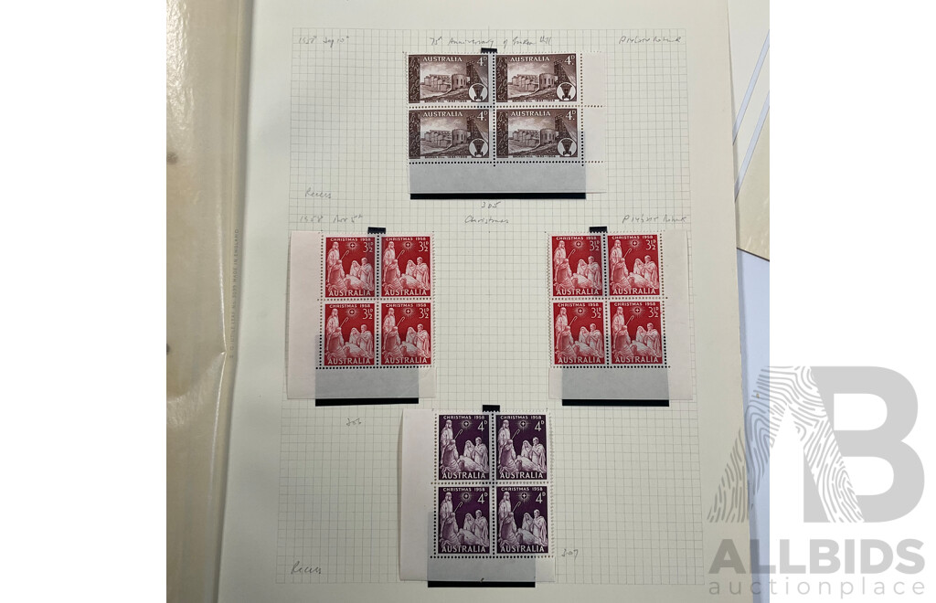 Good Assortment of Australian 1950's-1960's Predecimal Mostly Mint/Mint Hinged Stamp Blocks Including 1954 Railway Centenary, 1955 Royal Mail/Cobb & Co Centenary, 1958 Christmas Set, 1960 Melbourne Cup and More