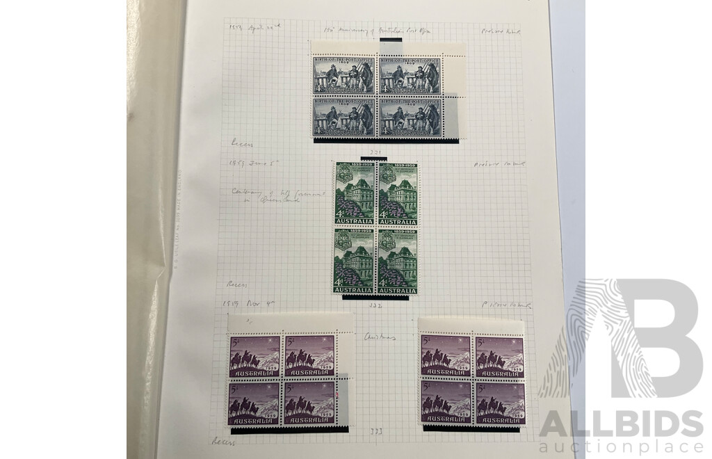 Good Assortment of Australian 1950's-1960's Predecimal Mostly Mint/Mint Hinged Stamp Blocks Including 1954 Railway Centenary, 1955 Royal Mail/Cobb & Co Centenary, 1958 Christmas Set, 1960 Melbourne Cup and More
