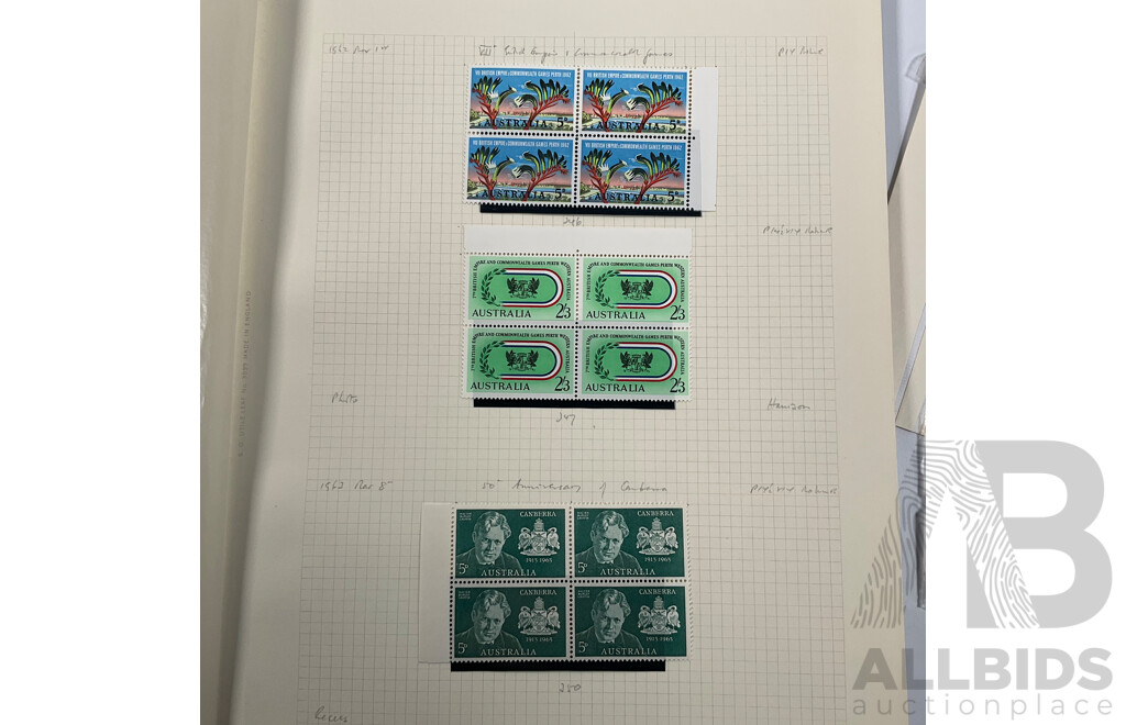 Good Assortment of Australian 1950's-1960's Predecimal Mostly Mint/Mint Hinged Stamp Blocks Including 1954 Railway Centenary, 1955 Royal Mail/Cobb & Co Centenary, 1958 Christmas Set, 1960 Melbourne Cup and More