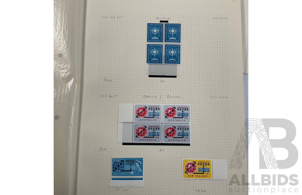Good Assortment of Australian 1950's-1960's Predecimal Mostly Mint/Mint Hinged Stamp Blocks Including 1954 Railway Centenary, 1955 Royal Mail/Cobb & Co Centenary, 1958 Christmas Set, 1960 Melbourne Cup and More