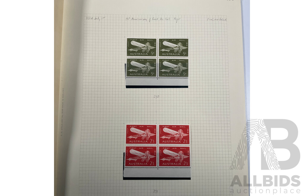 Good Assortment of Australian 1950's-1960's Predecimal Mostly Mint/Mint Hinged Stamp Blocks Including 1954 Railway Centenary, 1955 Royal Mail/Cobb & Co Centenary, 1958 Christmas Set, 1960 Melbourne Cup and More