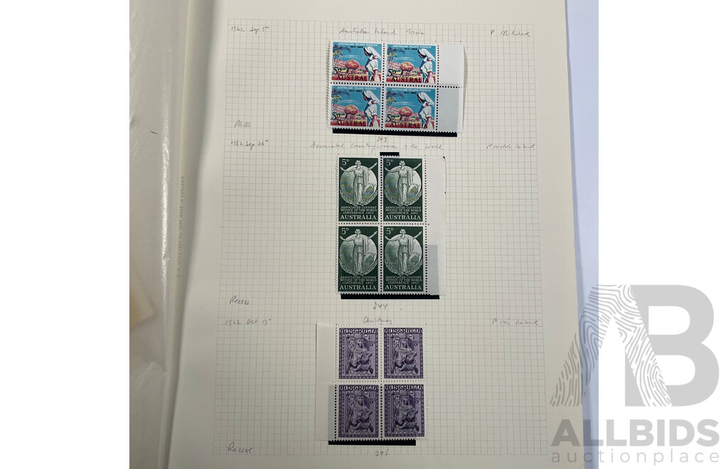 Good Assortment of Australian 1950's-1960's Predecimal Mostly Mint/Mint Hinged Stamp Blocks Including 1954 Railway Centenary, 1955 Royal Mail/Cobb & Co Centenary, 1958 Christmas Set, 1960 Melbourne Cup and More