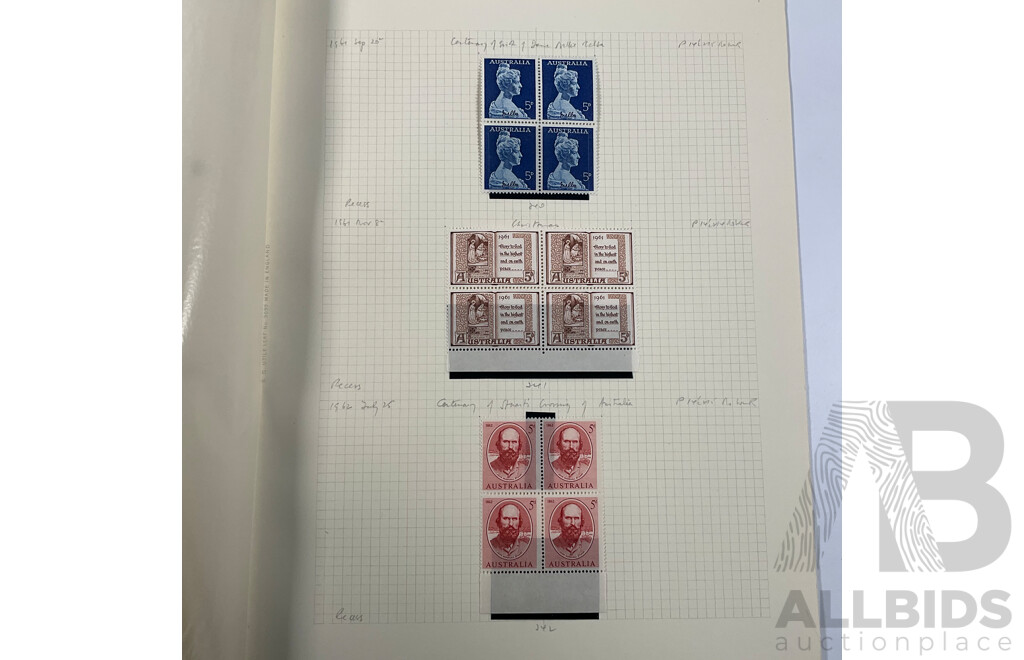 Good Assortment of Australian 1950's-1960's Predecimal Mostly Mint/Mint Hinged Stamp Blocks Including 1954 Railway Centenary, 1955 Royal Mail/Cobb & Co Centenary, 1958 Christmas Set, 1960 Melbourne Cup and More