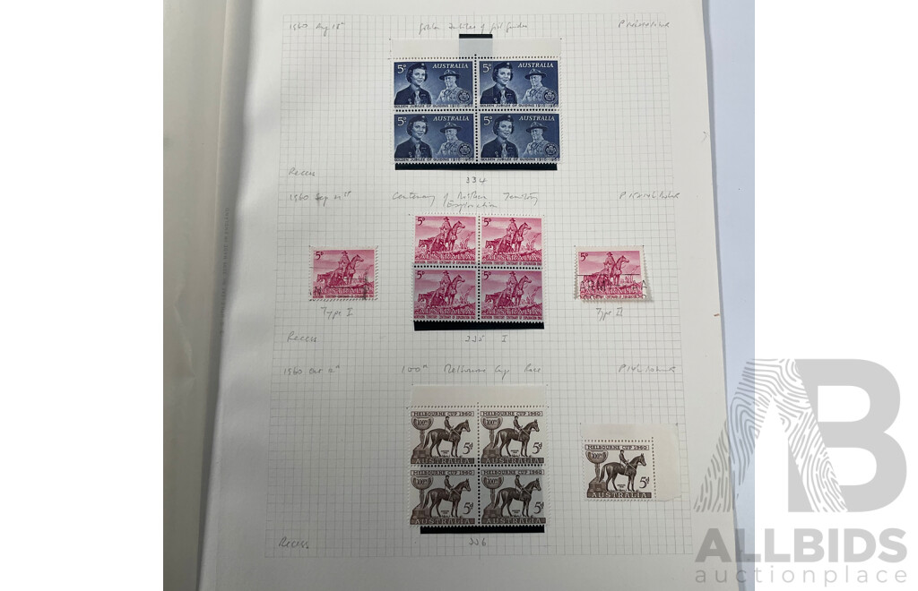 Good Assortment of Australian 1950's-1960's Predecimal Mostly Mint/Mint Hinged Stamp Blocks Including 1954 Railway Centenary, 1955 Royal Mail/Cobb & Co Centenary, 1958 Christmas Set, 1960 Melbourne Cup and More