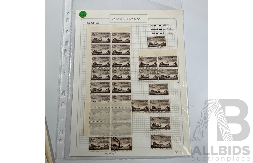 Good Assortment of Australian 1950's-1960's Predecimal Mostly Mint/Mint Hinged Stamp Blocks Including 1954 Railway Centenary, 1955 Royal Mail/Cobb & Co Centenary, 1958 Christmas Set, 1960 Melbourne Cup and More