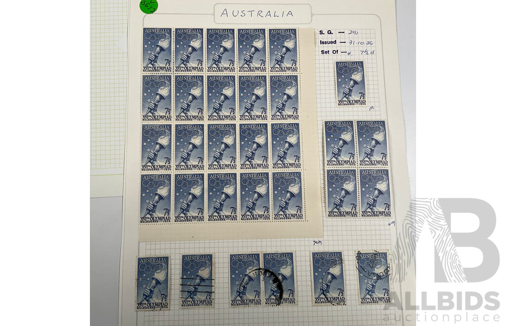 Australian 1956 Mostly Mint Hinged Stamp Blocks, Melbourne Olympics Part Set, Fonds Print
