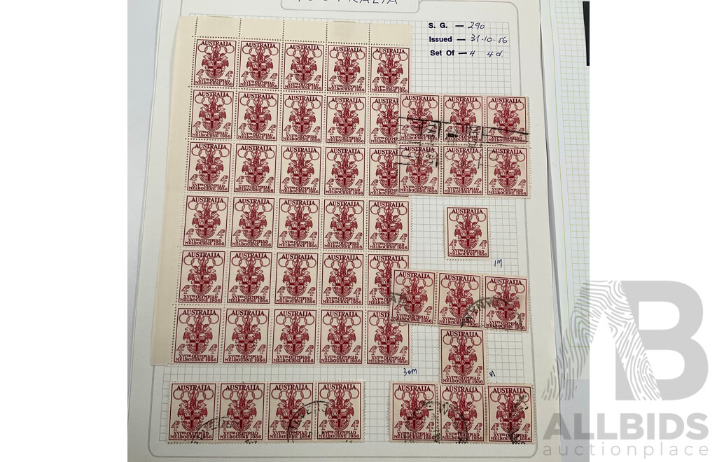 Australian 1956 Mostly Mint Hinged Stamp Blocks, Melbourne Olympics Part Set, Fonds Print