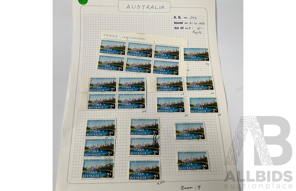Australian 1956 Mostly Mint Hinged Stamp Blocks, Melbourne Olympics Part Set, Fonds Print