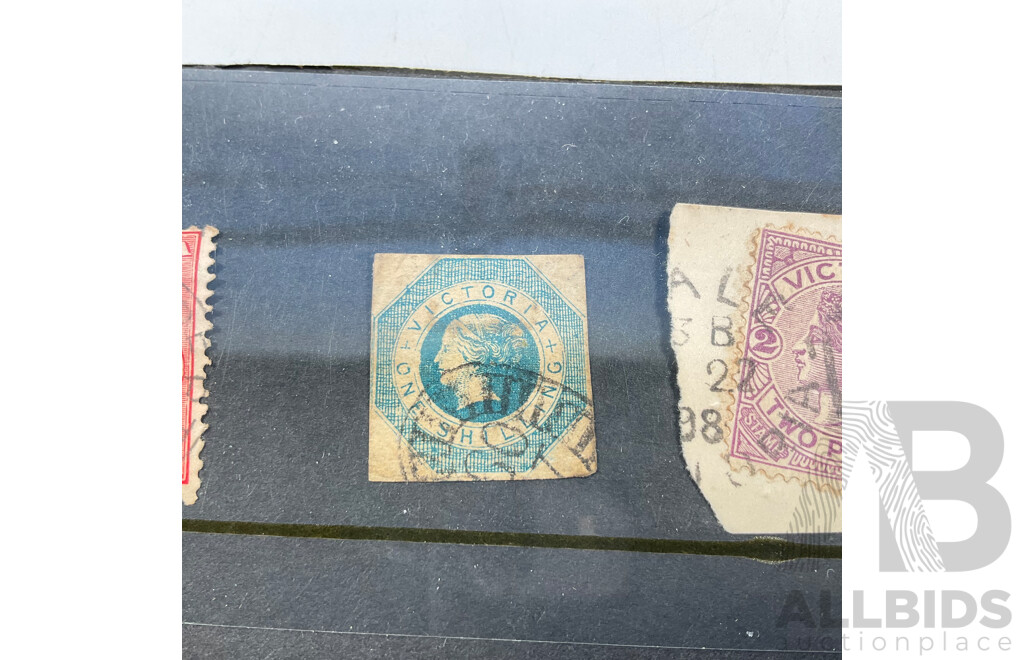 Australian 1854 Victorian QV Stamp, Octagaonal One Shilling, Late 1800's QV Violet/Mauve Twopence, 1910's Kangaroo on Map Perfin