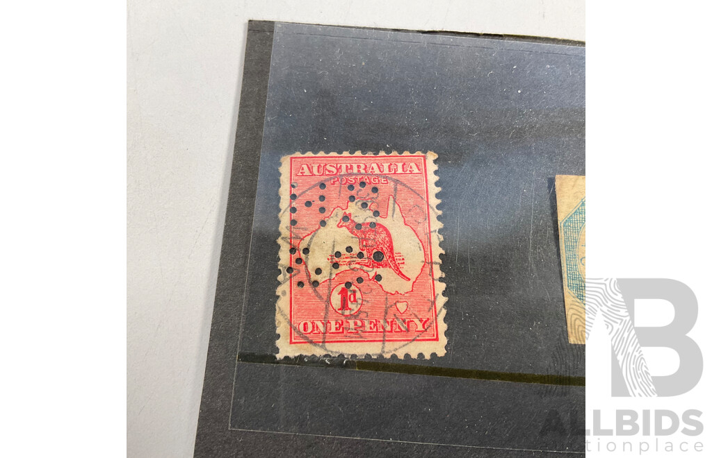 Australian 1854 Victorian QV Stamp, Octagaonal One Shilling, Late 1800's QV Violet/Mauve Twopence, 1910's Kangaroo on Map Perfin