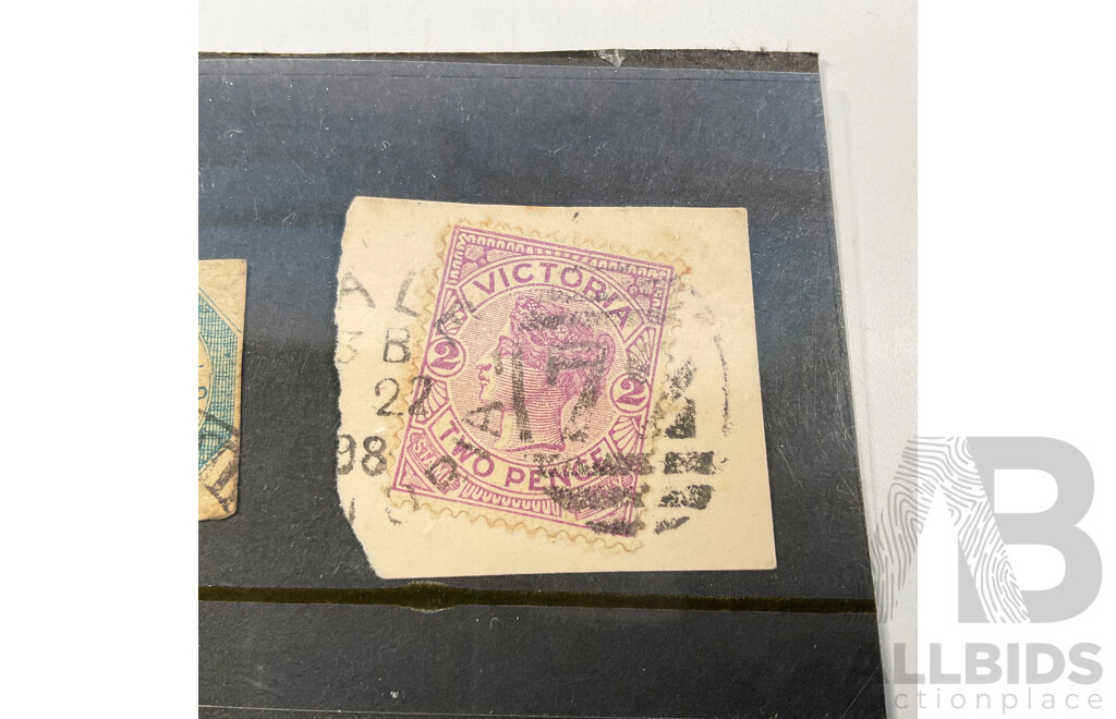 Australian 1854 Victorian QV Stamp, Octagaonal One Shilling, Late 1800's QV Violet/Mauve Twopence, 1910's Kangaroo on Map Perfin