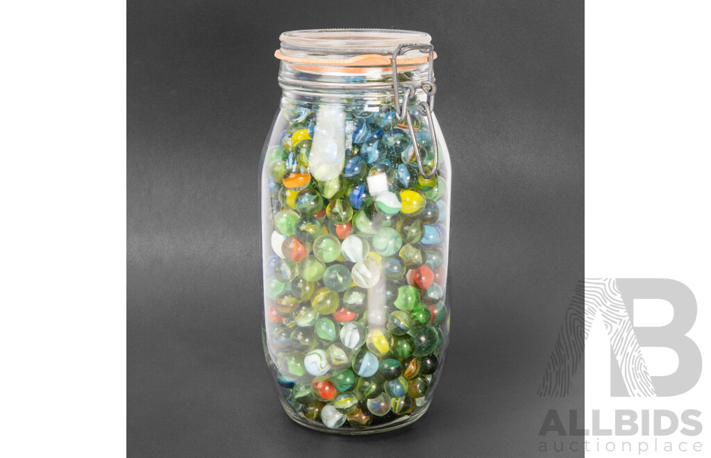 Assorted Vintage Glass Marbles in Glass Jar, Approx 3.9 Kg