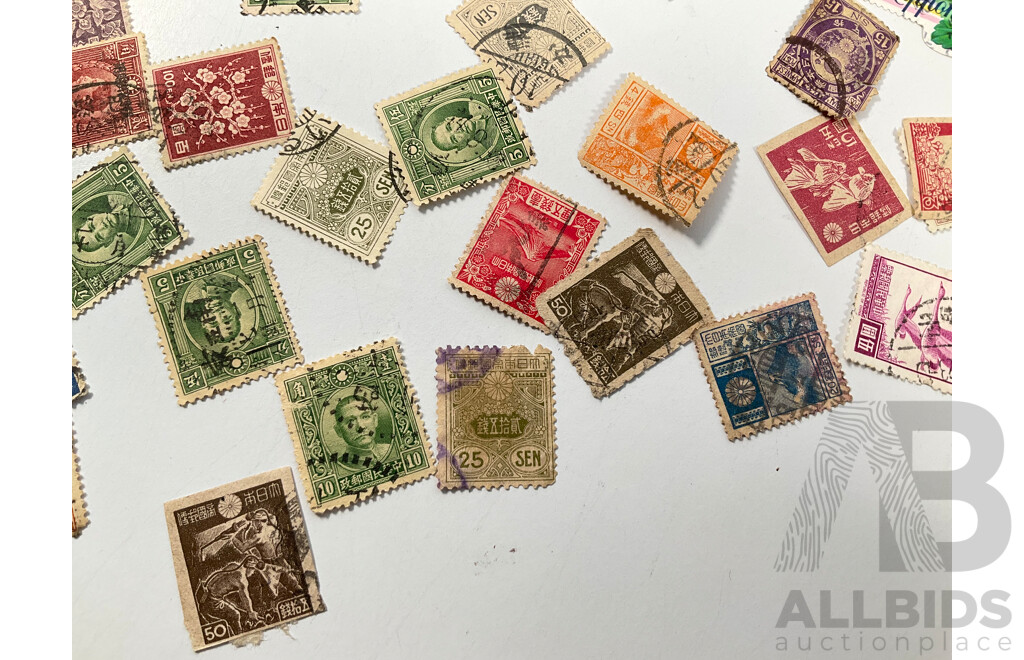 Collection of Vintage Japanese and Chinese Stamps Including Dr Sun Tat-Sen, Japanese Imperial Post, 1895 Amoy Xiamen One Cent, 1929 Mt Fuji and More