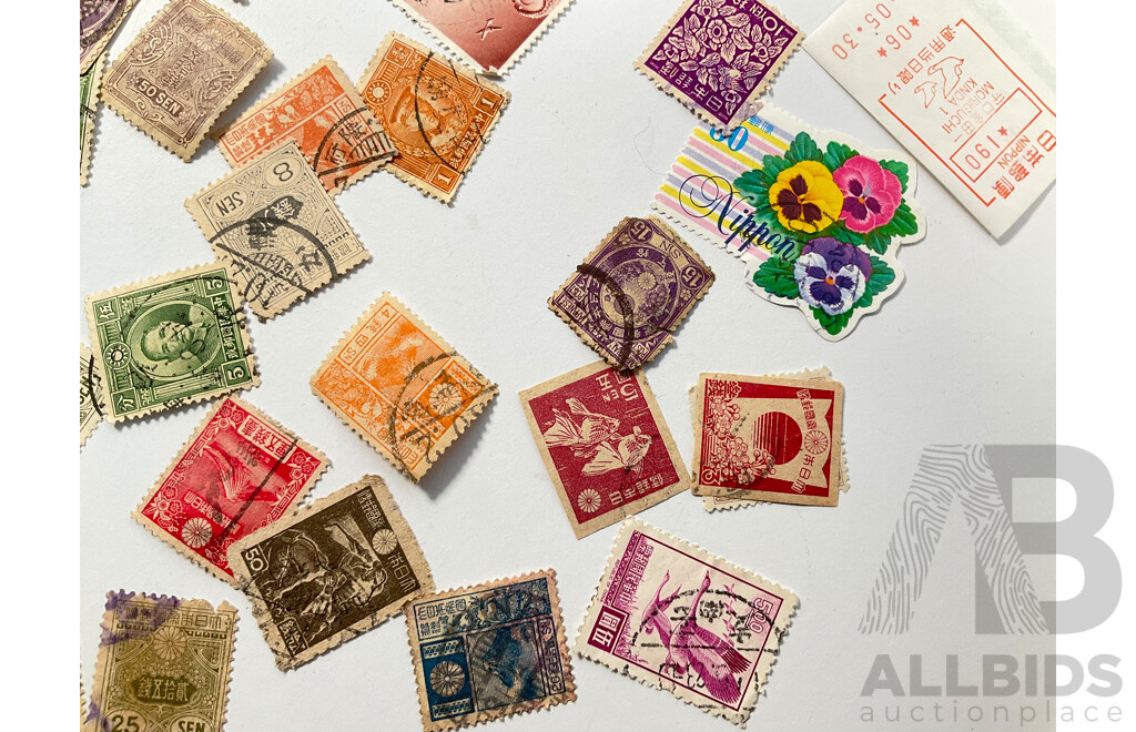 Collection of Vintage Japanese and Chinese Stamps Including Dr Sun Tat-Sen, Japanese Imperial Post, 1895 Amoy Xiamen One Cent, 1929 Mt Fuji and More