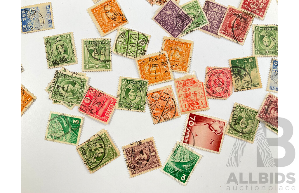 Collection of Vintage Japanese and Chinese Stamps Including Dr Sun Tat-Sen, Japanese Imperial Post, 1895 Amoy Xiamen One Cent, 1929 Mt Fuji and More