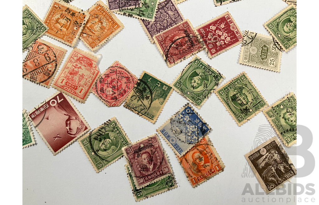 Collection of Vintage Japanese and Chinese Stamps Including Dr Sun Tat-Sen, Japanese Imperial Post, 1895 Amoy Xiamen One Cent, 1929 Mt Fuji and More