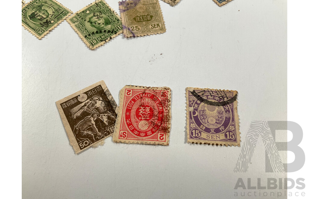 Collection of Vintage Japanese and Chinese Stamps Including Dr Sun Tat-Sen, Japanese Imperial Post, 1895 Amoy Xiamen One Cent, 1929 Mt Fuji and More