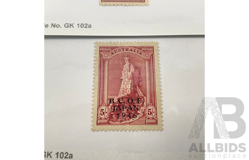 Australian 1946 Mint Two Shillings Kangaroo on Map Stamp and Five Shillings Coronation Robes, B.C.O.F Japan 1946 Overprints