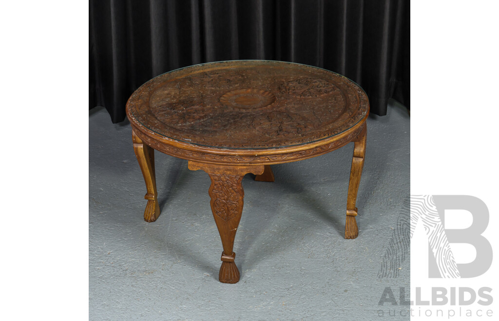 Wonderful Vintage Kashmiri Hand-Carved Wood Coffee Table with Carved Cabriole Legs & Removable Protective Glass Top, 45H cm