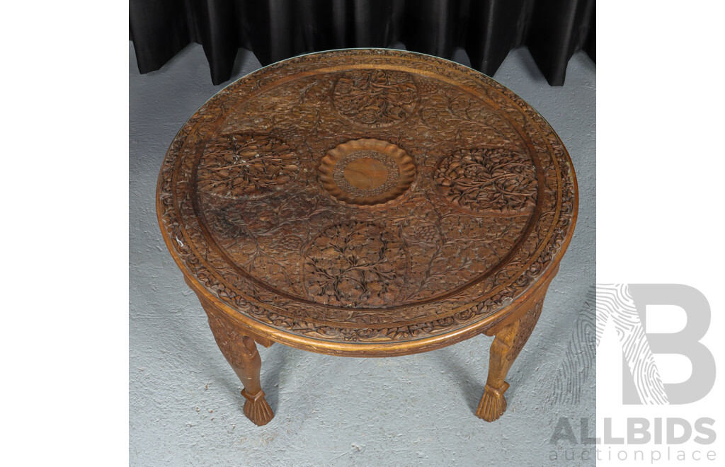 Wonderful Vintage Kashmiri Hand-Carved Wood Coffee Table with Carved Cabriole Legs & Removable Protective Glass Top, 45H cm