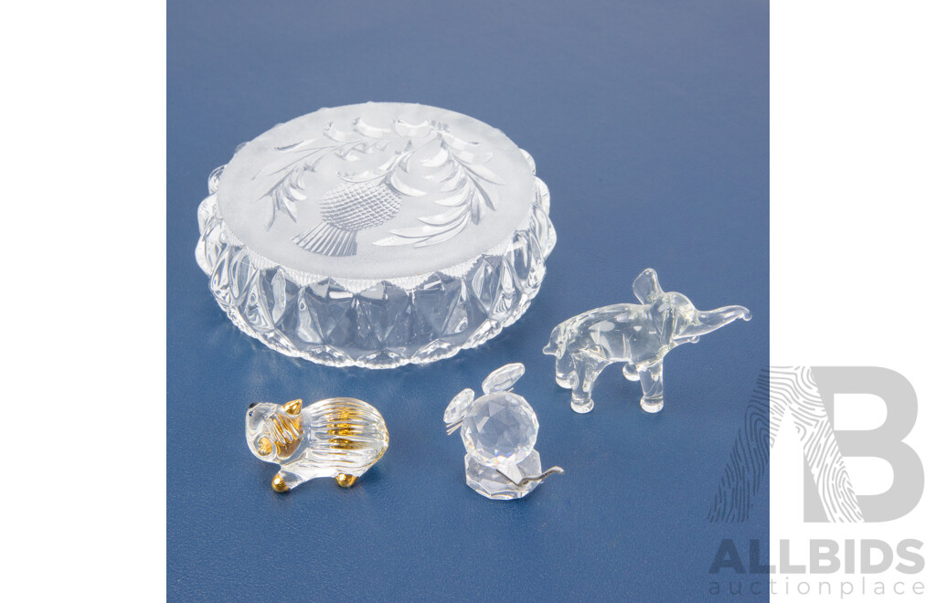 Laser Cut Glass Scottish Thistle Trinket Dish, Alongside Miniature Glass Elephant & Wombat and Swarovski Silver Crystal Miniature Mouse (4)