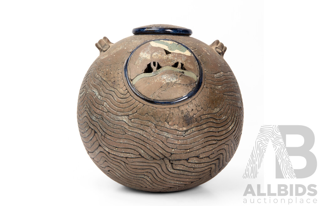Wonderful Decorative Handcrafted Studio Pottery Lidded Vessel with Interior Cobalt Glaze, 22H cm (approx)