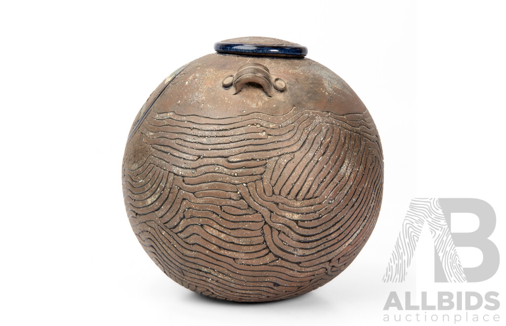 Wonderful Decorative Handcrafted Studio Pottery Lidded Vessel with Interior Cobalt Glaze, 22H cm (approx)