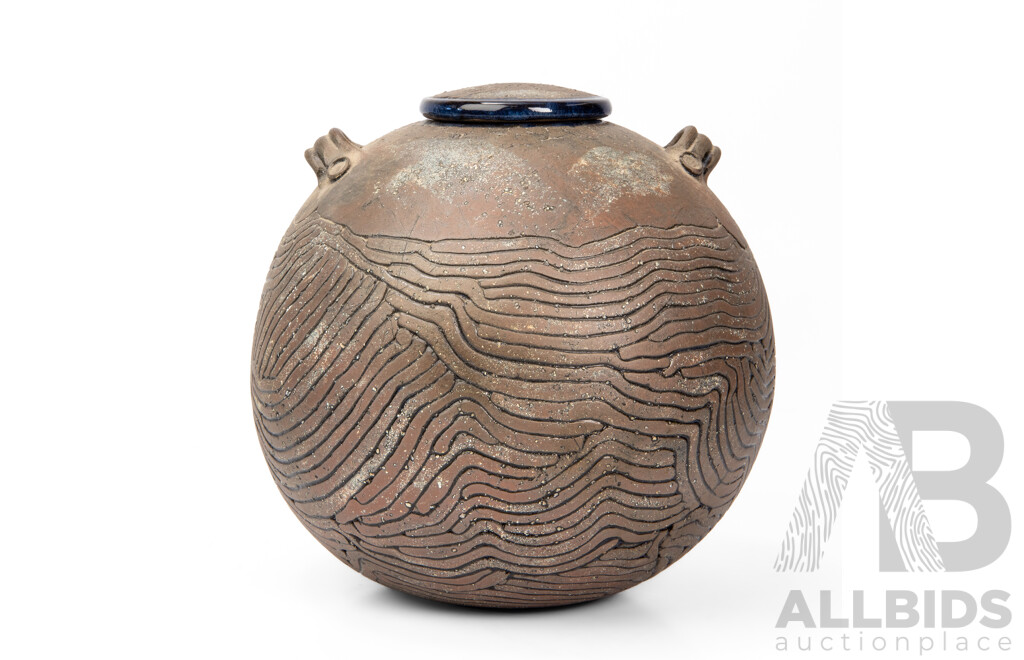 Wonderful Decorative Handcrafted Studio Pottery Lidded Vessel with Interior Cobalt Glaze, 22H cm (approx)