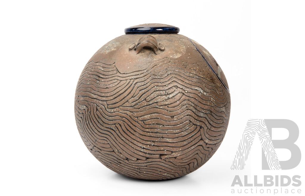 Wonderful Decorative Handcrafted Studio Pottery Lidded Vessel with Interior Cobalt Glaze, 22H cm (approx)
