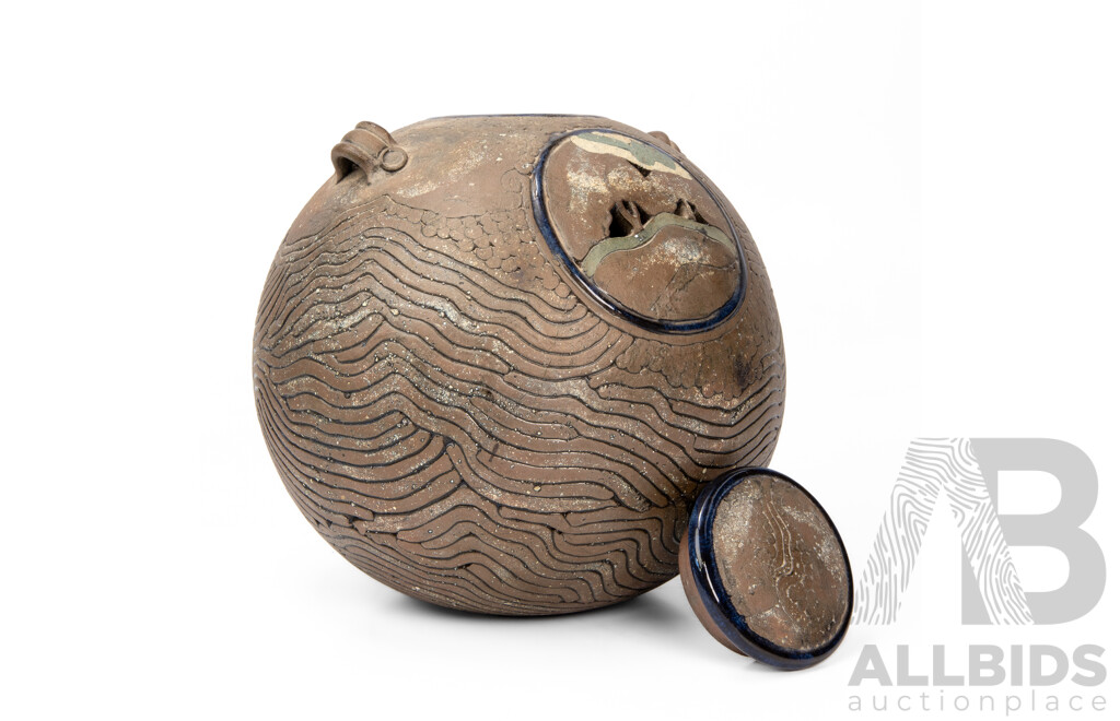 Wonderful Decorative Handcrafted Studio Pottery Lidded Vessel with Interior Cobalt Glaze, 22H cm (approx)
