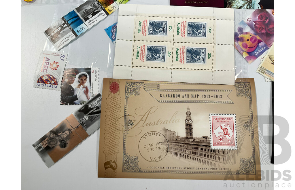 Collection of Australian Mint Stamps, Mini Sheets and Blocks Including Ten Dollar Kangaroo and Map, Five Dollar Treasures of the Archives, Hong Kong/China, Thailand Joint Issues and More