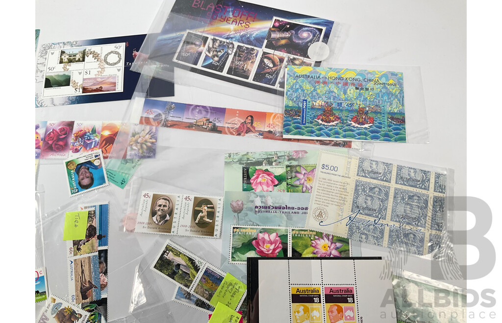 Collection of Australian Mint Stamps, Mini Sheets and Blocks Including Ten Dollar Kangaroo and Map, Five Dollar Treasures of the Archives, Hong Kong/China, Thailand Joint Issues and More