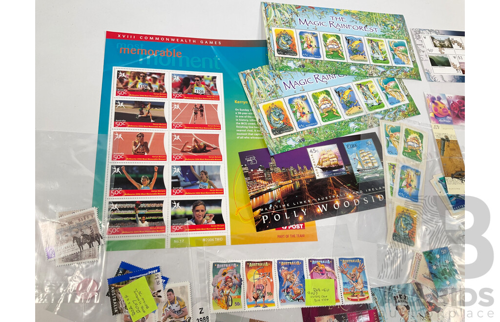 Collection of Australian Mint Stamps, Mini Sheets and Blocks Including Ten Dollar Kangaroo and Map, Five Dollar Treasures of the Archives, Hong Kong/China, Thailand Joint Issues and More
