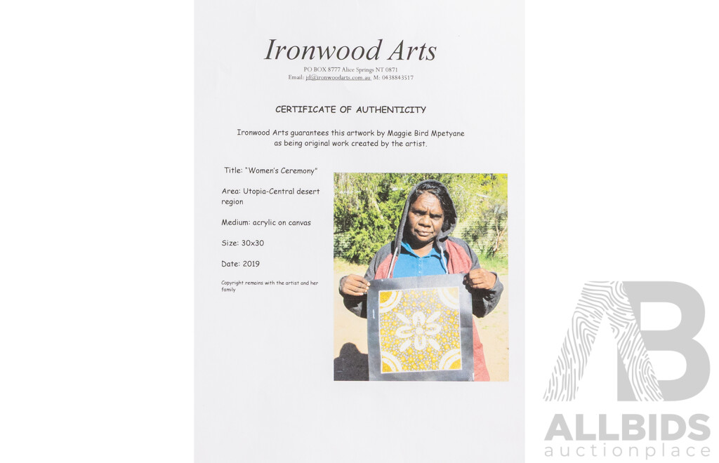 Maggie Bird Mpetyarre (20th Century, Indigenous-Australian, 1973-), Women's Ceremony (2019), Original Acrylic on Canvas, 40H x 40W cm (frame)