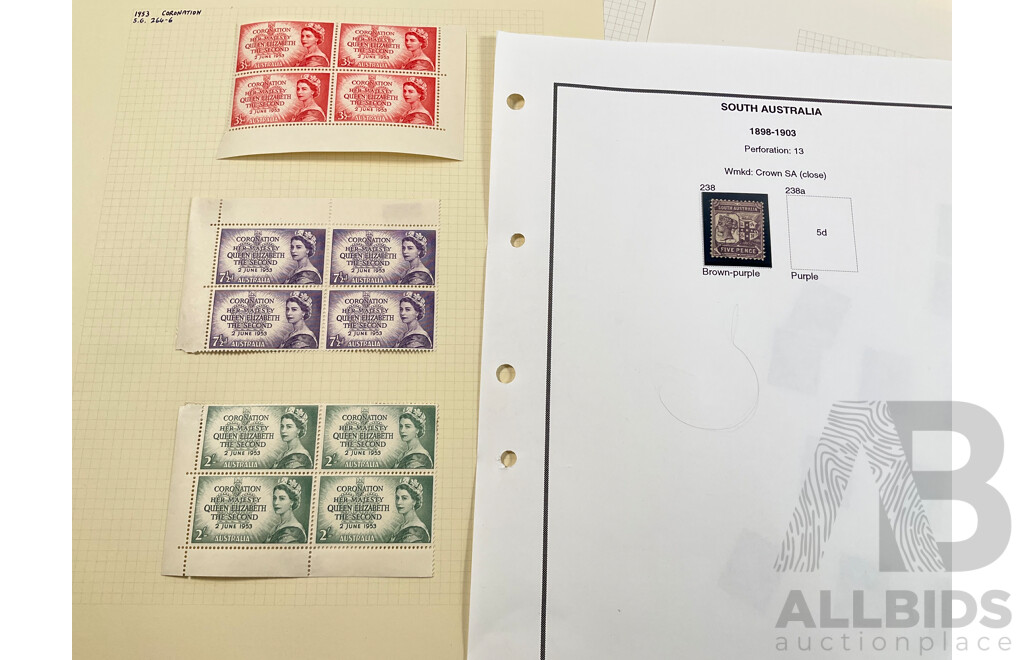 Collection Australian Stamps in Seven Seas and Scotts Pages, Predecimal to Decimal, QE2 1953 Coronation Mint Block Set, QV South Australia 1929/30 Kangaroo on Map and More