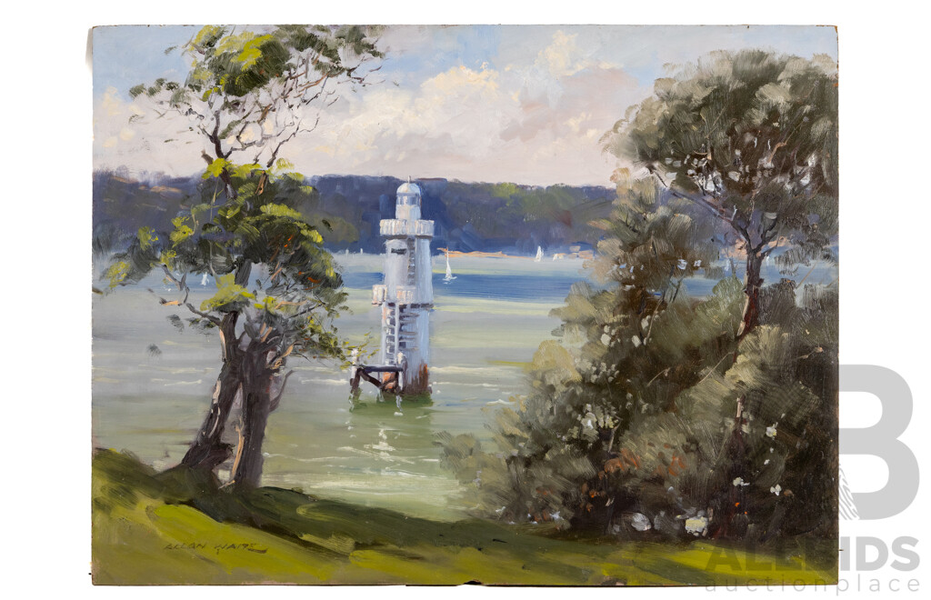 Allan Waite (Australian, 1924-2010), 'Lighthouse, Shark Island', Oil on Masonite with Paraloid Varnish, 45 X 61 Cm (Unframed)