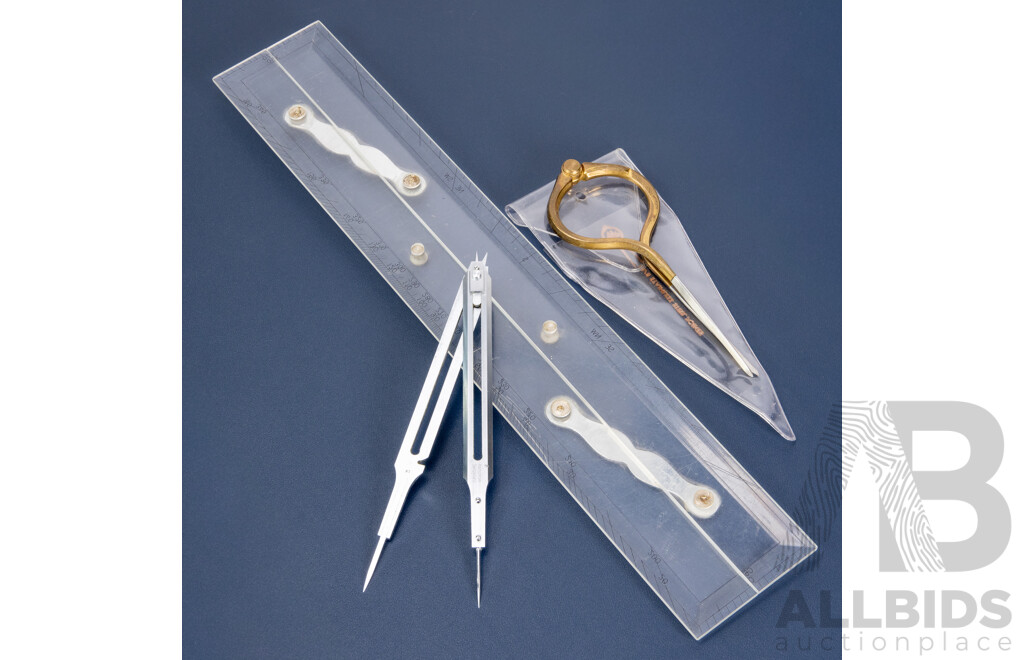 Trio of Vintage Tools - Stainless Steel & Brass Navigation Divider, Proportional Scale Divider and Marine Ruler, All Excellent Used Condition (3)